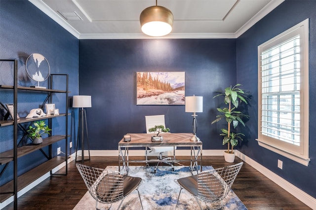 office space featuring ornamental molding, plenty of natural light, and wood finished floors