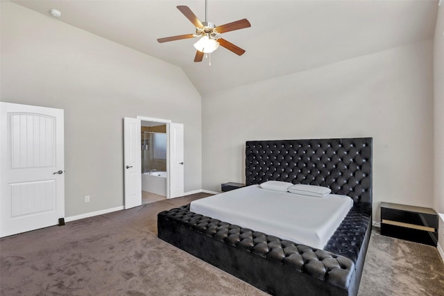 bedroom featuring ceiling fan, ensuite bath, carpet floors, high vaulted ceiling, and baseboards