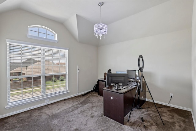 home office featuring carpet floors, baseboards, vaulted ceiling, and a notable chandelier