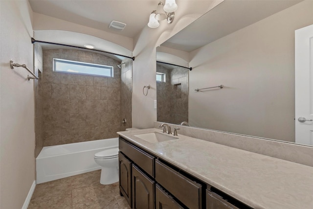 bathroom featuring visible vents, shower / bath combination, toilet, and vanity