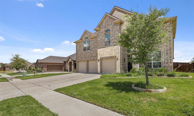 traditional home featuring a garage, brick siding, fence, a front lawn, and concrete driveway