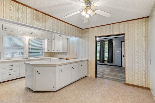 kitchen with light countertops, white cabinets, ornamental molding, and a sink