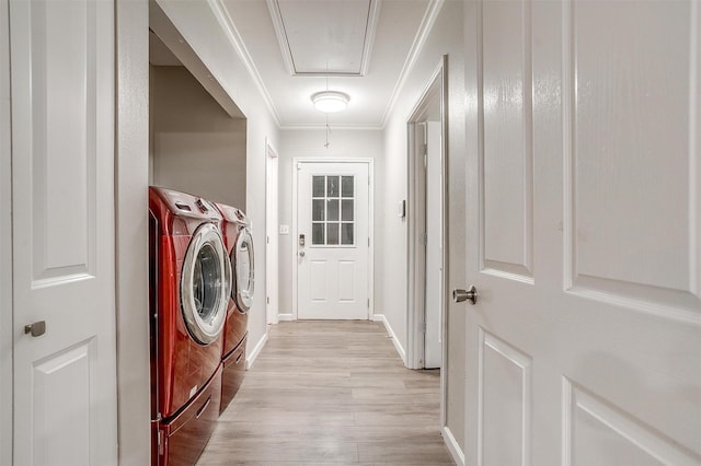 3707 Knob Hill Rd, Azle, TX 76020 - washroom with attic access, washer and dryer, light wood-style floors, baseboards, and crown molding