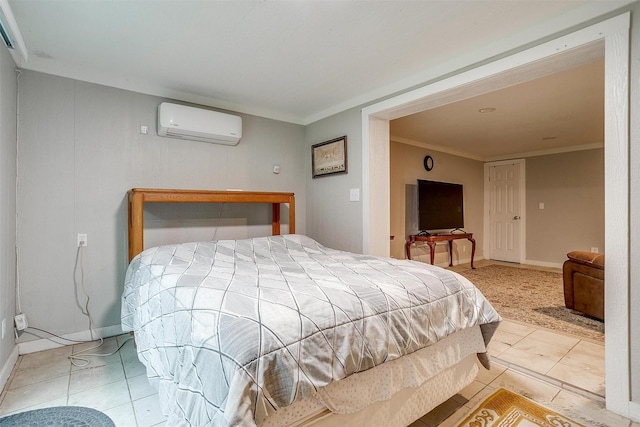 tiled bedroom featuring crown molding, baseboards, and a wall mounted air conditioner
