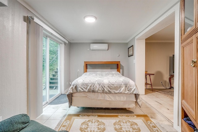 bedroom with access to outside, ornamental molding, a wall unit AC, and light tile patterned floors
