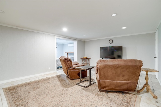 living room featuring recessed lighting, baseboards, ornamental molding, and tile patterned flooring