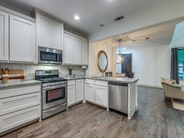 6285 Davison Way, Mckinney, TX 75070 - kitchen featuring appliances with stainless steel finishes, tasteful backsplash, a sink, a peninsula, and light wood-type flooring