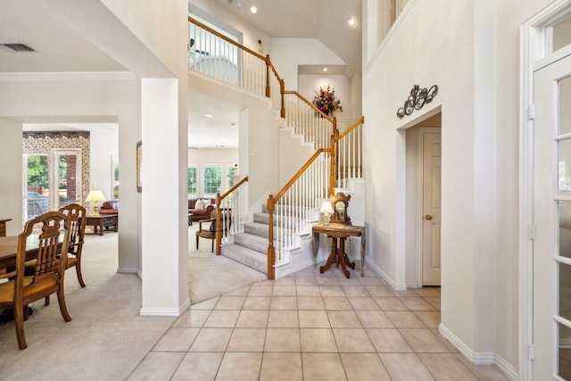 3301 Gillespie Rd, Mckinney, TX 75072 - entrance foyer featuring stairs, a towering ceiling, baseboards, light carpet, and recessed lighting