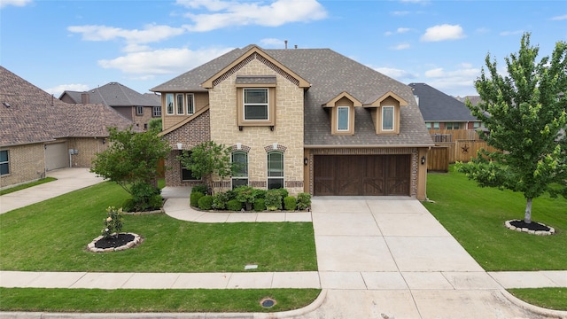 view of front of house with driveway, roof with shingles, a front lawn, an attached garage, and stone siding