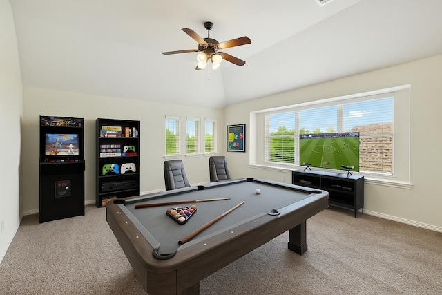 playroom featuring vaulted ceiling, baseboards, a ceiling fan, and light colored carpet