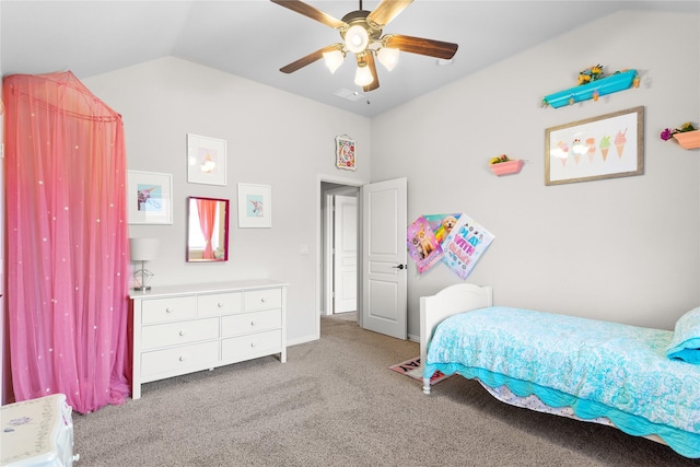carpeted bedroom featuring a ceiling fan and lofted ceiling