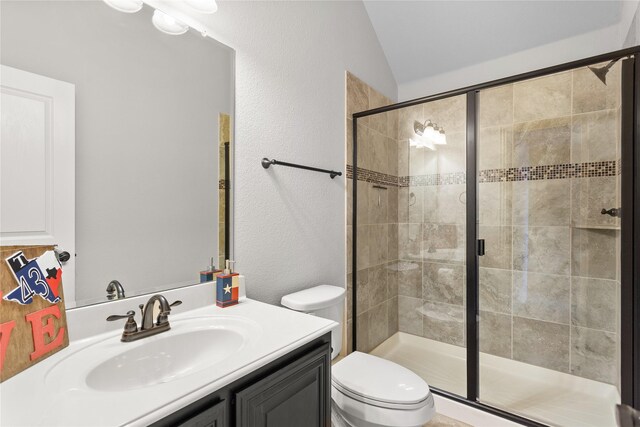 1005 Middleton St, Forney, TX 75126 - full bath featuring a shower stall, toilet, vanity, vaulted ceiling, and a textured wall
