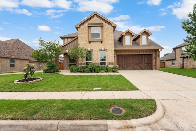 view of front facade featuring driveway, a garage, brick siding, a front lawn, and stone siding