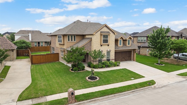 french country home with driveway, a residential view, a garage, brick siding, and fence