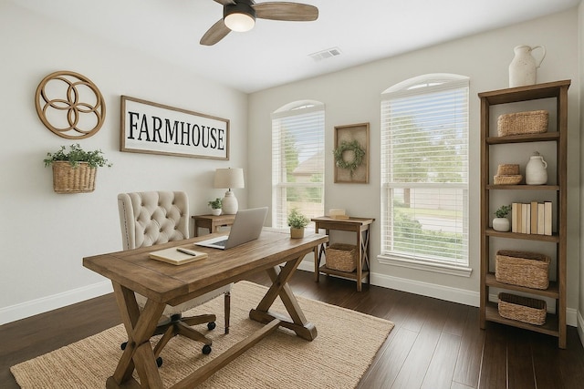 1005 Middleton St, Forney, TX 75126 - office featuring baseboards, a ceiling fan, and dark wood-style flooring