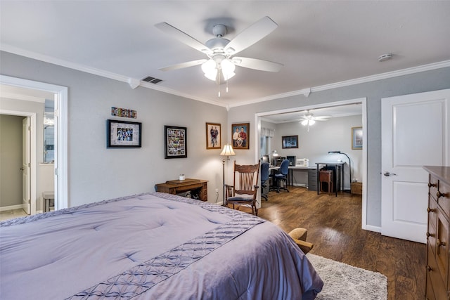 1621 Lake Hill Ln, Plano, TX 75023 - bedroom featuring ornamental molding, wood finished floors, an office area, a ceiling fan, and baseboards