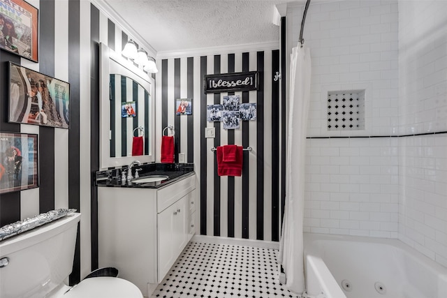 1621 Lake Hill Ln, Plano, TX 75023 - bathroom with toilet, a textured ceiling, vanity, a combined bath / shower with jetted tub, and crown molding