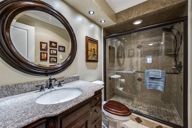 1621 Lake Hill Ln, Plano, TX 75023 - full bathroom featuring toilet, a stall shower, vanity, and recessed lighting