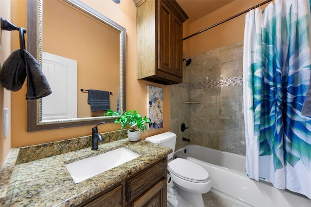 full bath with vanity, toilet, and shower / tub combo with curtain