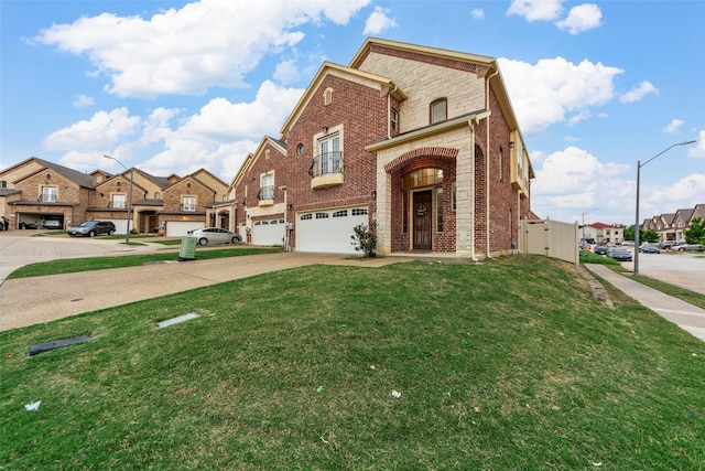 view of front of home featuring a residential view, a front lawn, brick siding, a garage, and concrete driveway