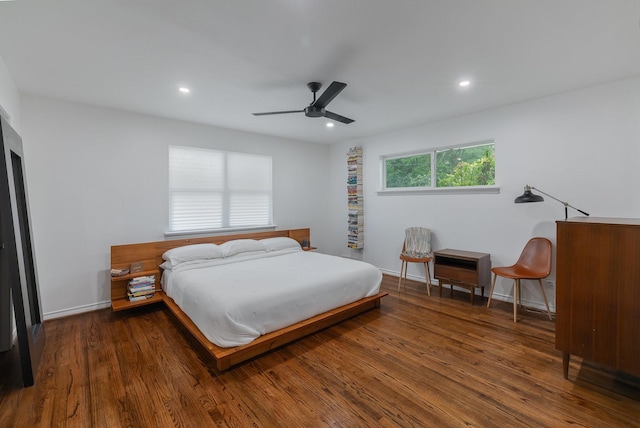 bedroom with recessed lighting, baseboards, ceiling fan, and wood finished floors