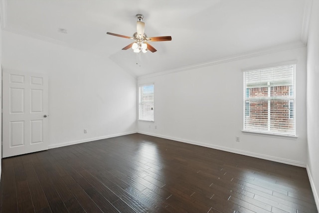 unfurnished room with baseboards, ornamental molding, ceiling fan, and lofted ceiling
