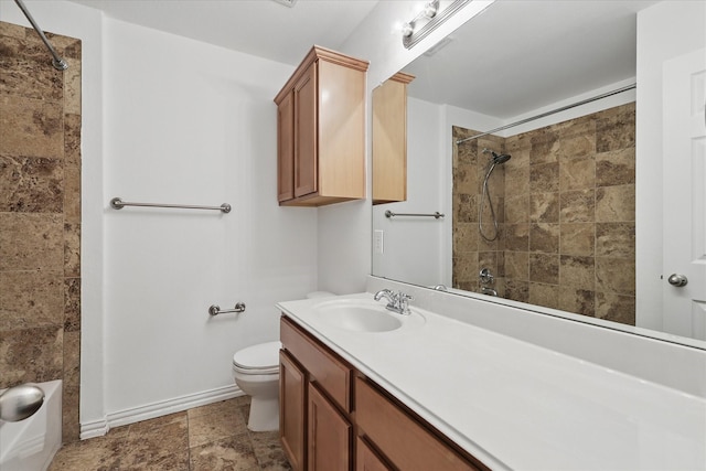 full bath with toilet, baseboards, shower / bathing tub combination, and vanity