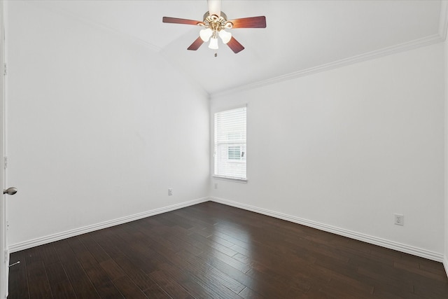spare room featuring a ceiling fan, baseboards, dark wood finished floors, and lofted ceiling