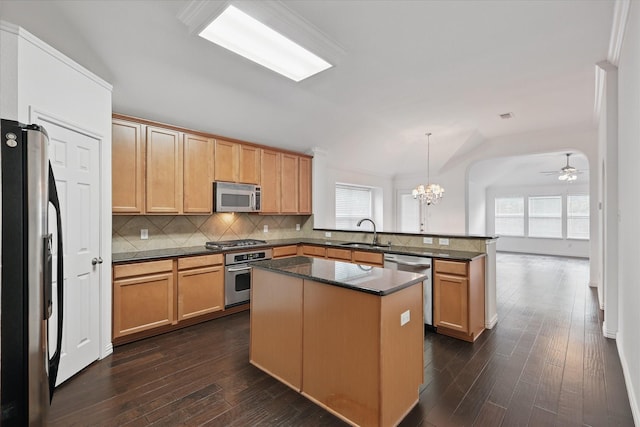 kitchen featuring decorative backsplash, dark wood-style flooring, appliances with stainless steel finishes, a sink, and a peninsula
