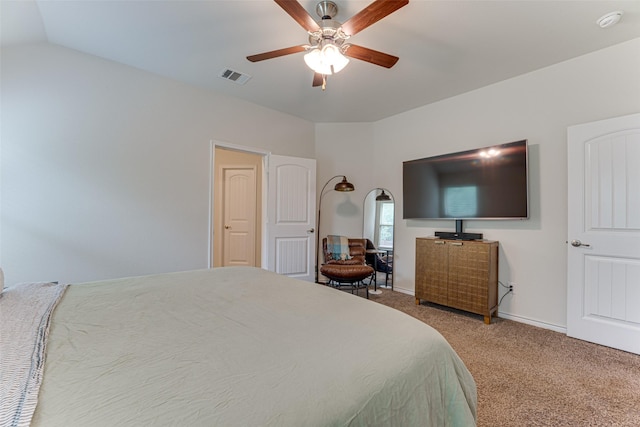 bedroom with visible vents, carpet flooring, baseboards, and a ceiling fan