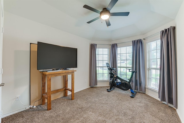 workout area featuring baseboards, carpet, and a ceiling fan