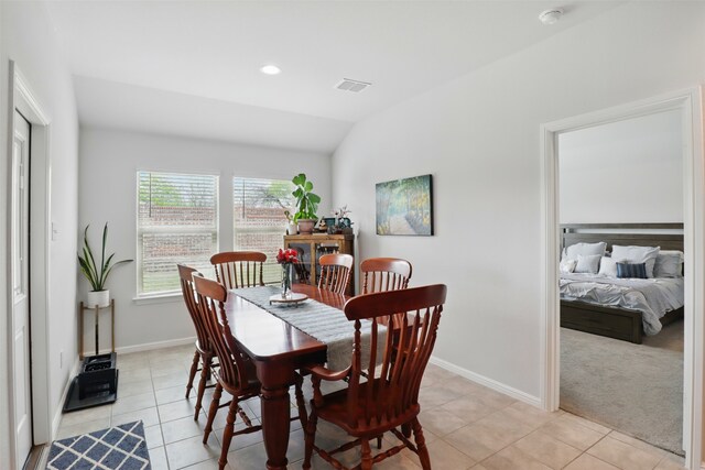 3613 Ridgeway Ln, Denton, TX 76226 - dining space featuring light tile patterned floors, baseboards, recessed lighting, and lofted ceiling