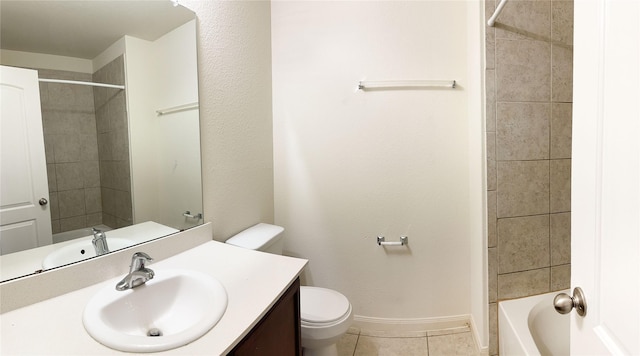 full bathroom with tile patterned flooring, baseboards, toilet, and vanity