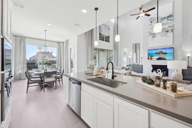 kitchen with visible vents, a sink, white cabinets, open floor plan, and stainless steel appliances