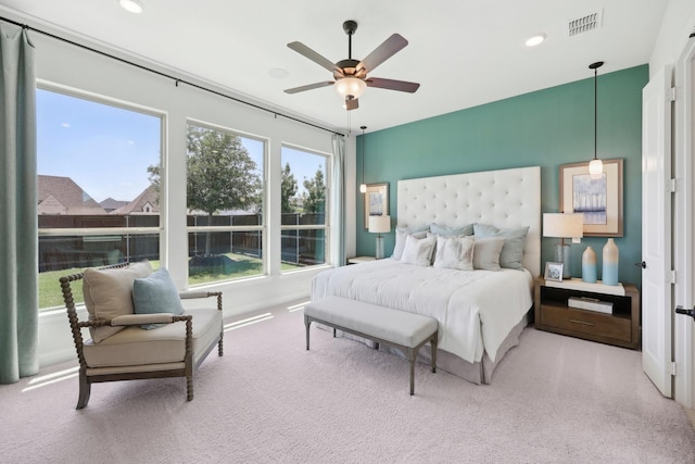 bedroom featuring recessed lighting, a ceiling fan, carpet, and visible vents
