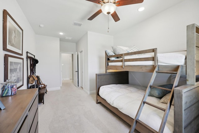 bedroom with ceiling fan, light carpet, recessed lighting, baseboards, and visible vents