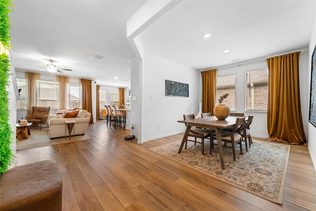 859 Sitwell Dr, Fate, TX 75087 - dining space featuring a ceiling fan, visible vents, light wood-type flooring, baseboards, and recessed lighting