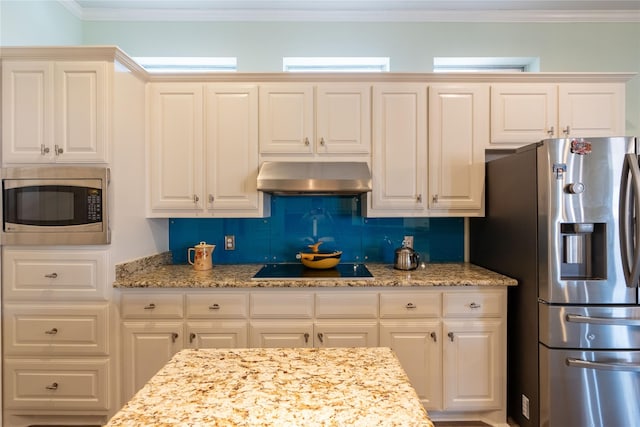 kitchen with under cabinet range hood, light stone countertops, appliances with stainless steel finishes, and ornamental molding