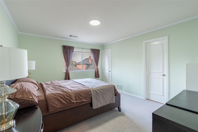 bedroom with visible vents, baseboards, crown molding, and light colored carpet