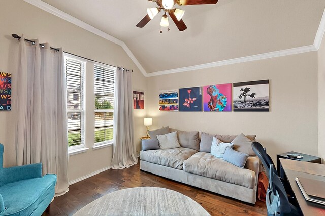 733 Ravenwood Dr, Saginaw, TX 76179 - living room featuring a ceiling fan, vaulted ceiling, crown molding, wood finished floors, and baseboards