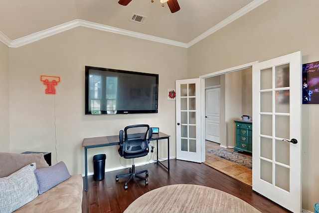 733 Ravenwood Dr, Saginaw, TX 76179 - office space featuring french doors, wood-type flooring, crown molding, a ceiling fan, and vaulted ceiling