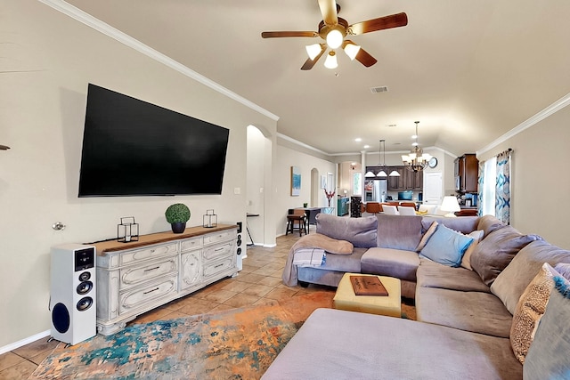 733 Ravenwood Dr, Saginaw, TX 76179 - living room featuring a chandelier, arched walkways, light tile patterned flooring, a ceiling fan, and crown molding