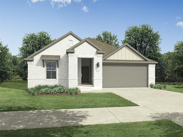 ranch-style house featuring board and batten siding, driveway, a front yard, brick siding, and an attached garage