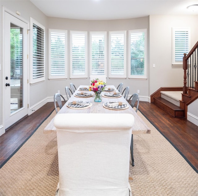 816 Stratton Mill Dr, Lucas, TX 75002 - dining space with stairway, baseboards, a healthy amount of sunlight, and dark wood-type flooring