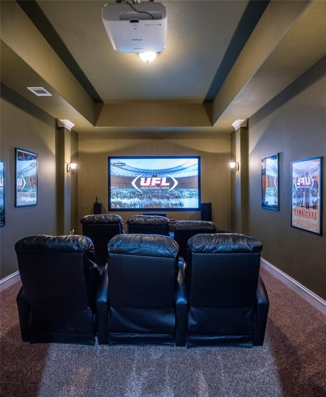 816 Stratton Mill Dr, Lucas, TX 75002 - carpeted home theater room with baseboards, visible vents, and a raised ceiling