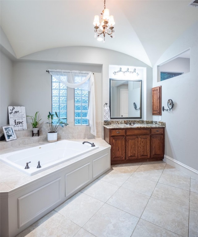 816 Stratton Mill Dr, Lucas, TX 75002 - bathroom featuring vanity, tile patterned floors, a chandelier, lofted ceiling, and a bath