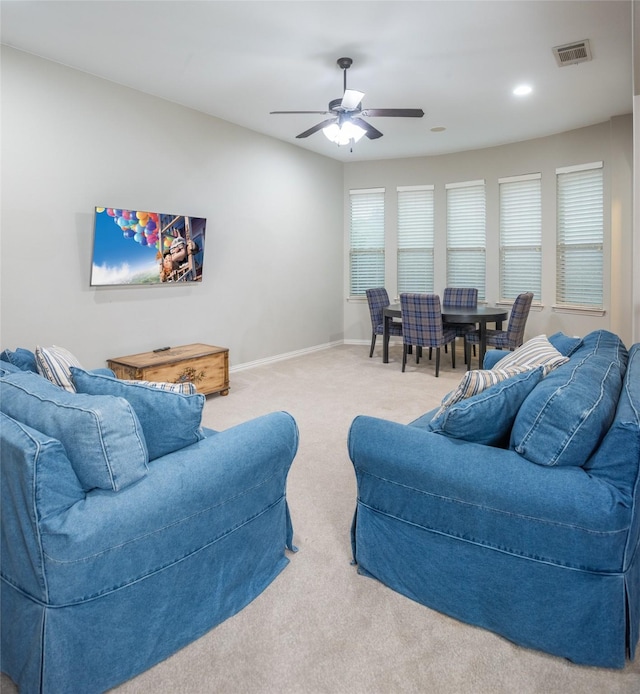 816 Stratton Mill Dr, Lucas, TX 75002 - living area featuring carpet floors, visible vents, baseboards, recessed lighting, and a ceiling fan