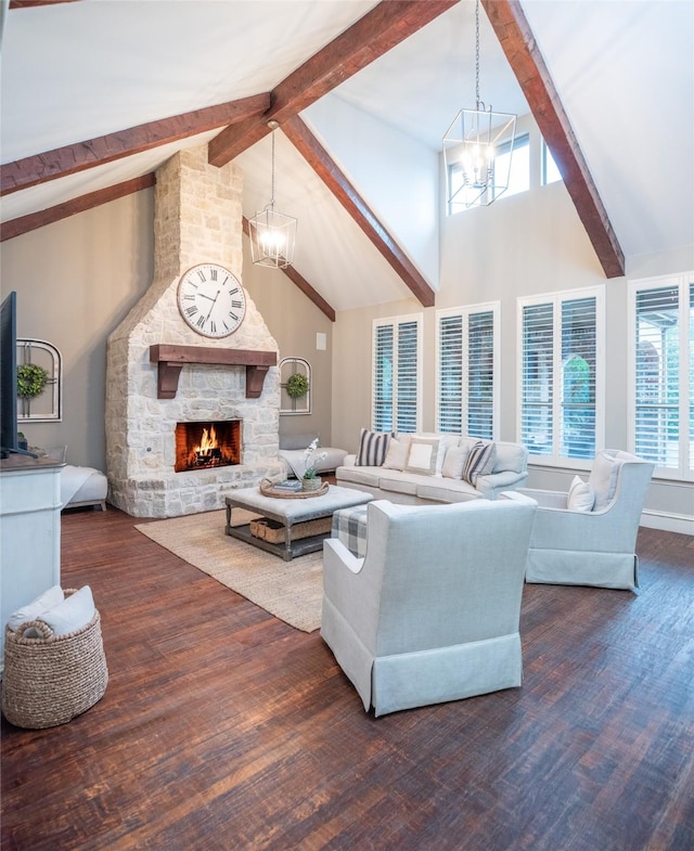 816 Stratton Mill Dr, Lucas, TX 75002 - living area featuring high vaulted ceiling, beamed ceiling, wood finished floors, and a chandelier