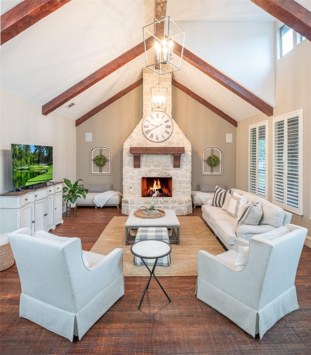 816 Stratton Mill Dr, Lucas, TX 75002 - living room with high vaulted ceiling, visible vents, beam ceiling, and wood finished floors
