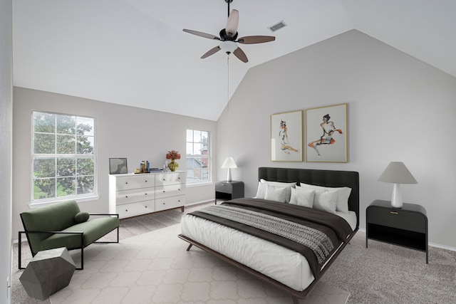 carpeted bedroom featuring ceiling fan, visible vents, baseboards, and lofted ceiling